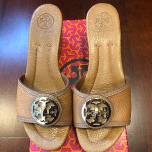 Tory Burch tan wedge sandals.